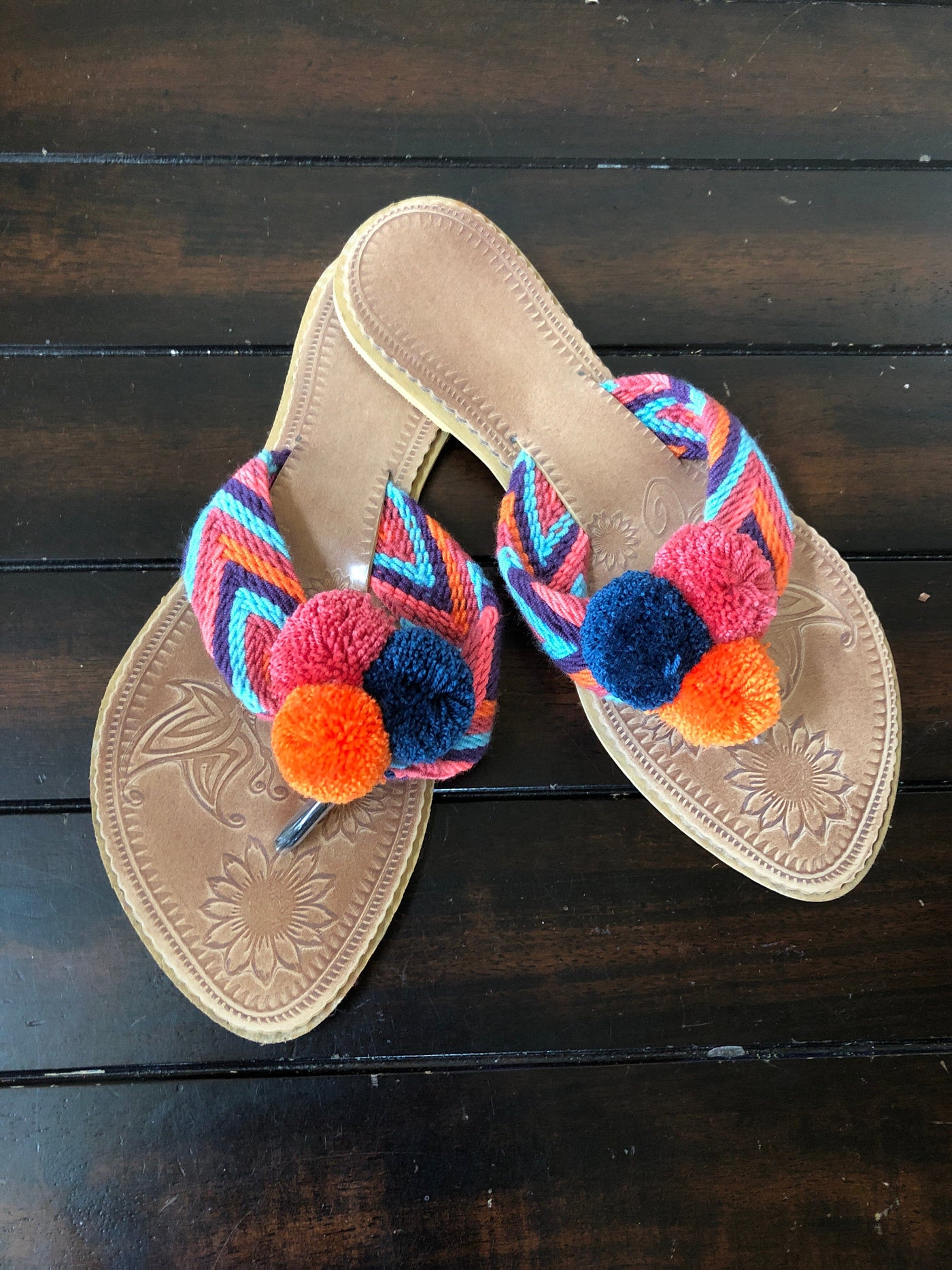 Colorful Handwoven Flip-Flops - Pom Pom Sandals SWP005 Sandalias Wayuu Pom Pom US 8/8.5 