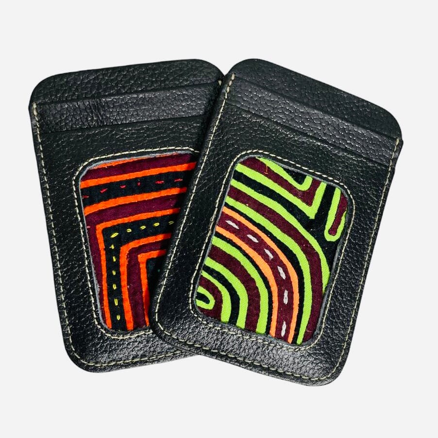 Black Leather Credit Card Holder Wallets for women | Card Cases | Mola Embroidery ID Boho Wallets | Colorful 4U
