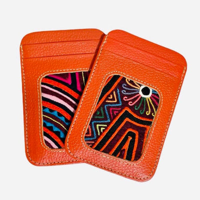 Orange Leather Credit Card Holder Wallets for women | Card Cases | Mola Embroidery ID Boho Wallets | Colorful 4U