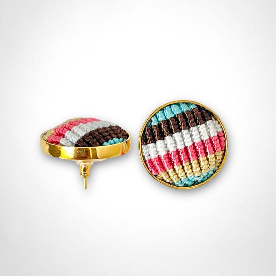 Colorful Macrame Studs | Gold Statement Earrings for Summer Tassel Earrings Cotton Candy Skies - Brown / White / Rose Pink 