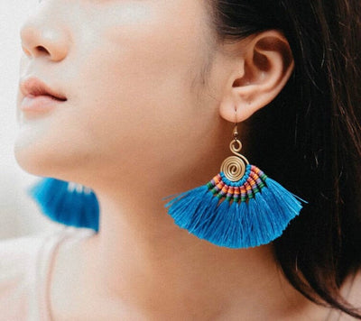 BLUE Tassel Earrings-Woven Silk Thread Fringe Earrings-Tribal-Boho
