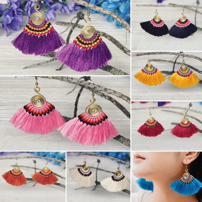 Colorful Tassel Earrings-MULTICOLOR Woven Silk Thread Fringe Earrings-