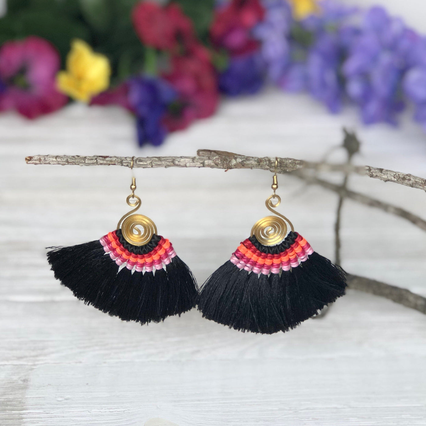 BLACK Tassel Earrings-Woven Silk Thread Fringe Earrings-Tribal-Boho