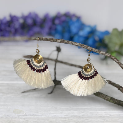 CREAM Tassel Earrings-Woven Silk Thread Fringe Earrings-Tribal-Boho