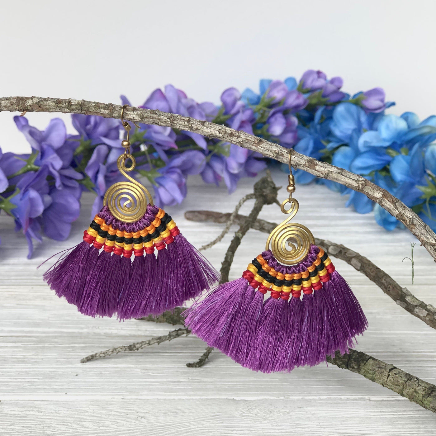 PURPLE Tassel Earrings-Woven Silk Thread Fringe Earrings-Tribal-Boho