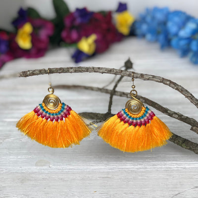 YELLOW Tassel Earrings-Woven Silk Thread Fringe Earrings-Tribal-Boho