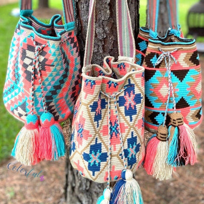 Coral Crossbody Crochet Bag-Wayuu Mochila-Bucket Bag-Bohemian-Boho Bag