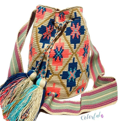 Navy and Coral Crossbody Crochet Bag-Wayuu Mochila-Bucket Bag-Bohemian-Boho Bag