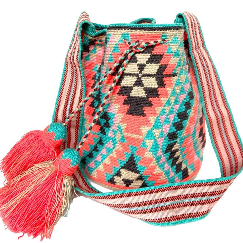 Turquoise and Coral Crossbody Crochet Bag-Wayuu Mochila-Bucket Bag-Bohemian-Boho Bags