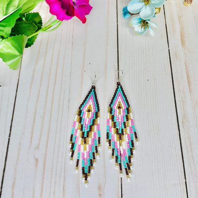 Pink/Turquoise Bohemian Bead Fringe Earrings for summer | Statement Boho Earrings | Colorful 4U