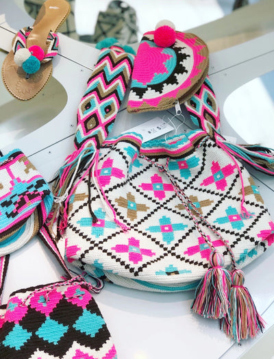 Crossbody Summer Bag | Beach Crochet Bag | Hot Pink-Turquoise Boho Bag - Matching set