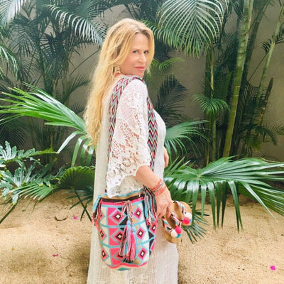 Shoulder Summer Tote Bag | Pink/Turquoise Beach Crochet Bag | Colorful 4U