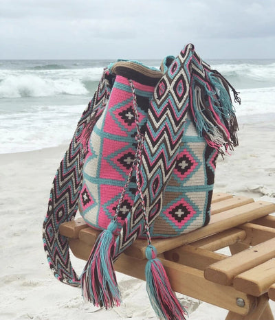 Crossbody Summer Bag | Beach Crochet Bag | Hot Pink-Turquoise Boho Bag on the beach