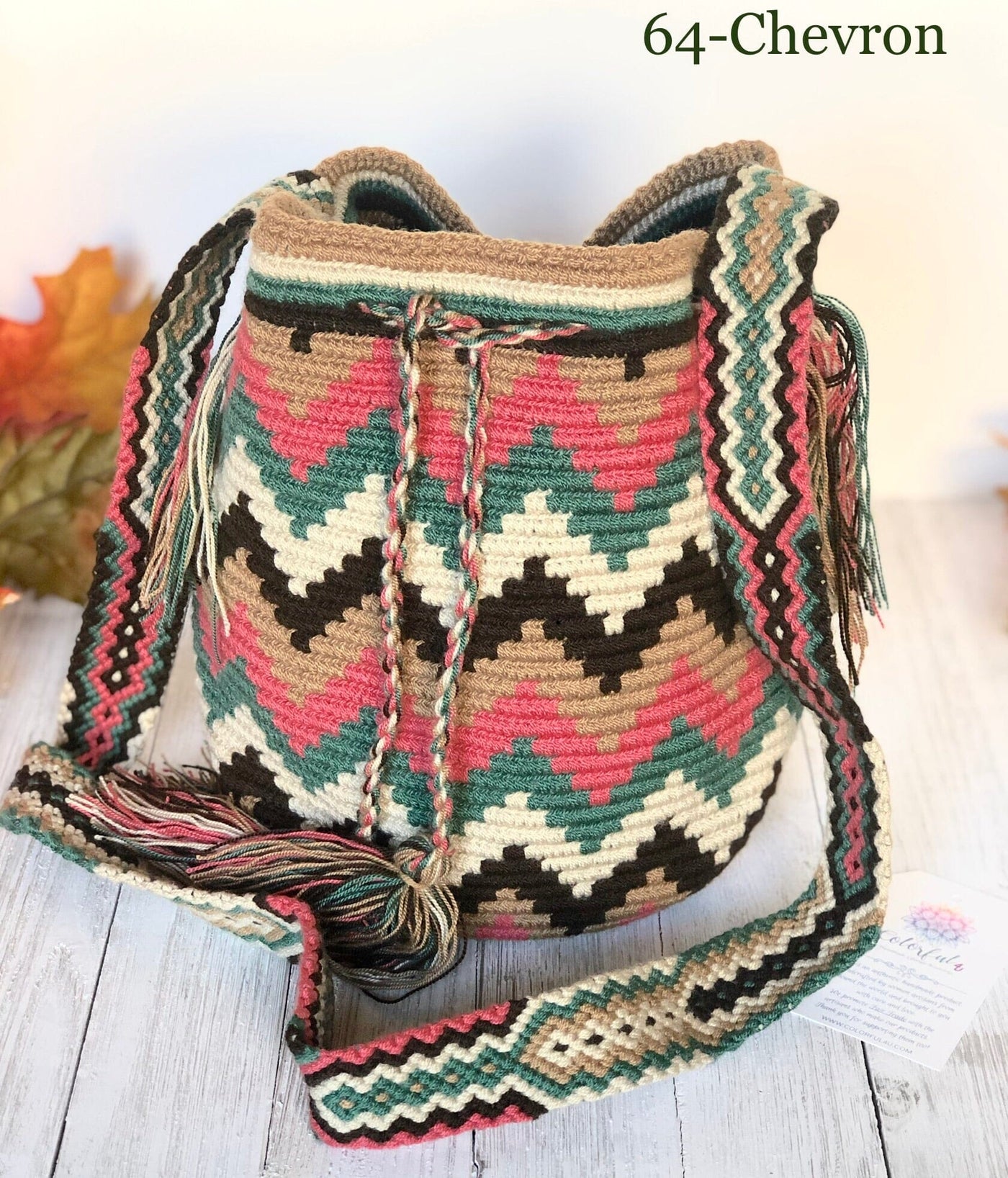 Chevron-Rose-Sage-Brown Medium Crochet Bags | Crossbody Bucket Bag | Bohemian 