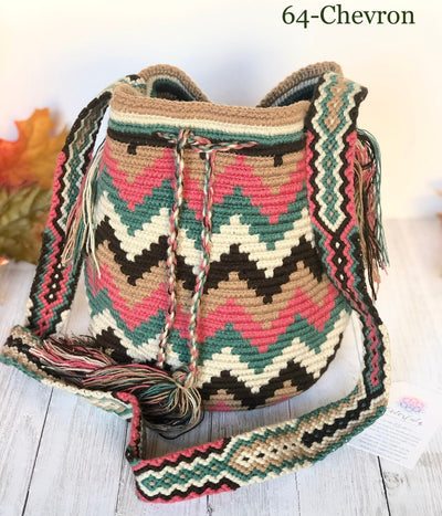 Chevron-Rose-Sage-Brown Medium Crochet Bags | Crossbody Bucket Bag | Bohemian 