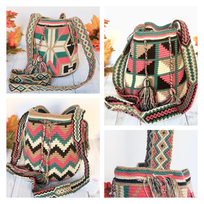 Rose-Sage-Brown Medium Crochet Bags | Crossbody Bucket Bag | Bohemian 