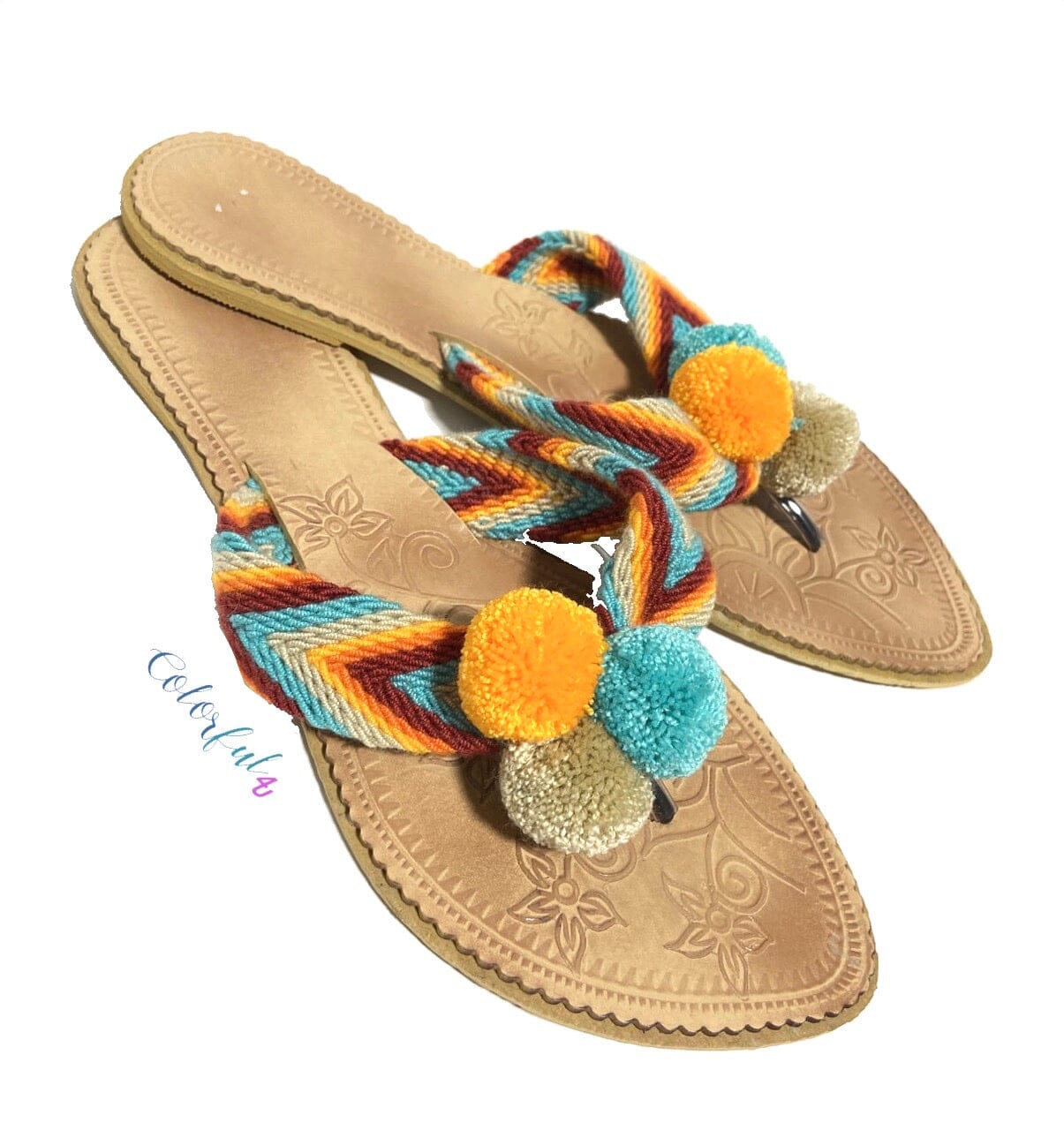 Desert Sunset Beach Sandals - Cute Pompom Sandals Sandalias Wayuu Flat US 10 