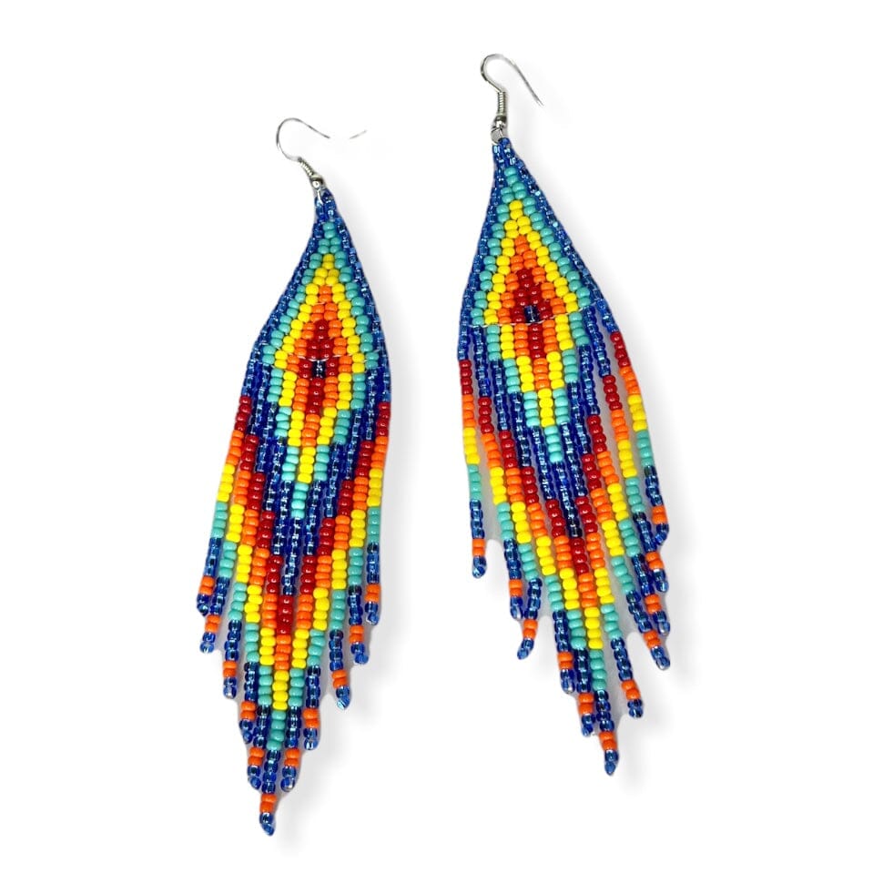 Orange/Yellow/Blue Long Beaded Fringe Earrings | Native Seed Bead Earrings | Colorful 4U