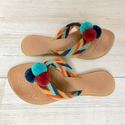Colorful Pom Pom Sandals-Summer Flip Flops-Beach Slides-Flat Sandals
