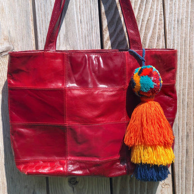 Red handbag with Colorful Tassel Bag Charms | Boho Pompom-Tassel Charms | Purse Charm 
