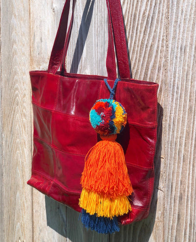 Red Bag with Colorful Tassel Bag Charms | Boho Pompom-Tassel Charms | Purse Charm