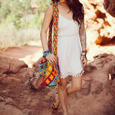 Wearing Crossbody Crochet Bag | Bohemian Bags for women | Fall Boho Bag |Wayuu