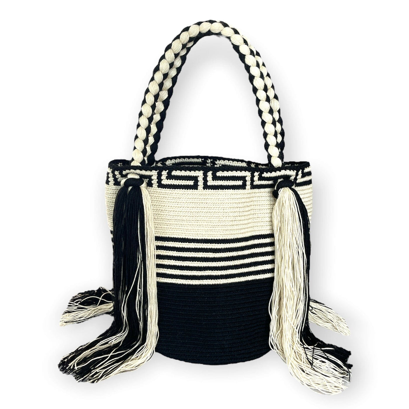 Black and White Striped Tote Bag | Neutral Tones Striped Shoulder Bag | Black Summer Purse with Tassels | Colorful 4U