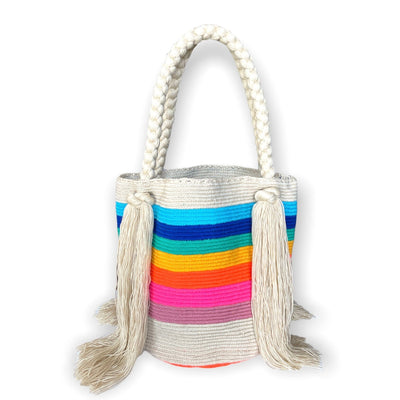 Rainbow Striped Tote Bag | Colorful Striped Shoulder Bag | Crochet Purse with Tassels | Colorful 4U
