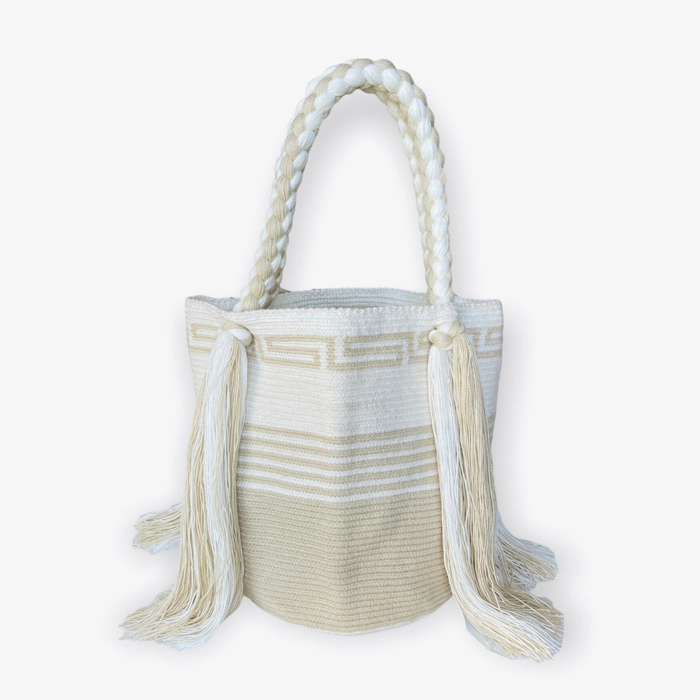 Off-White Striped Tote Bag | Neutral Striped Shoulder Bag | White Purse with Tassels | Colorful 4U