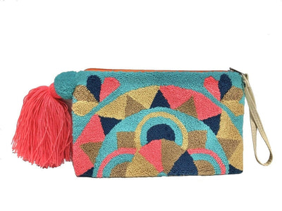 Teal-Turquoise-Coral Evil Eye Clutch Bag | Boho Clutch Bag | Tassel Clutch | Colorful 4u