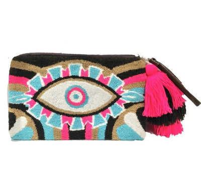 Hot Pink-Teal Evil Eye Clutch Bag | Boho Clutch Bag | Tassel Clutch | Colorful 4u