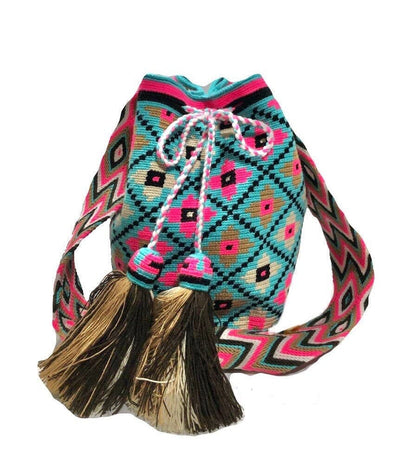 Turquoise-Brown-Hot Pink Crossbody Bohemian Bag for women | Summer Crochet Bag| Flowers Pattern