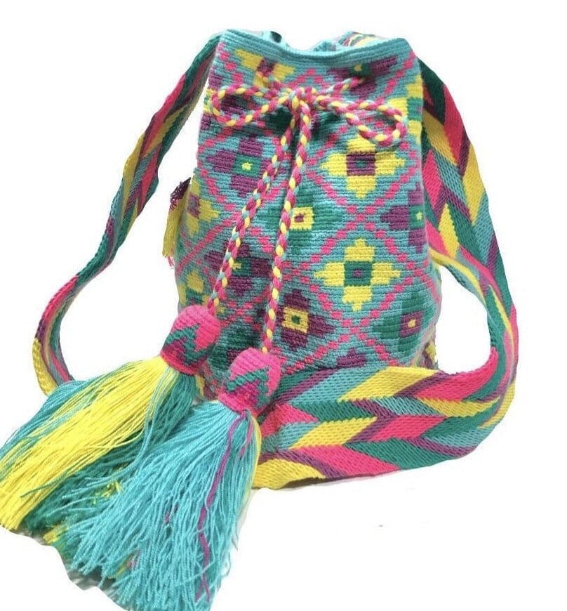 Turquoise-Pink Crossbody Bohemian Bag for women | Summer Crochet Bag| Flowers Pattern