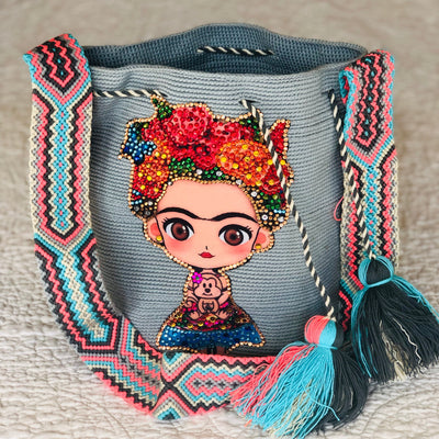 Frida Tribute - Rhinestone Embellished Crochet Bags Special Edition Crochet Boho Bag - Crossbody/Shoulder Bucket Bag 