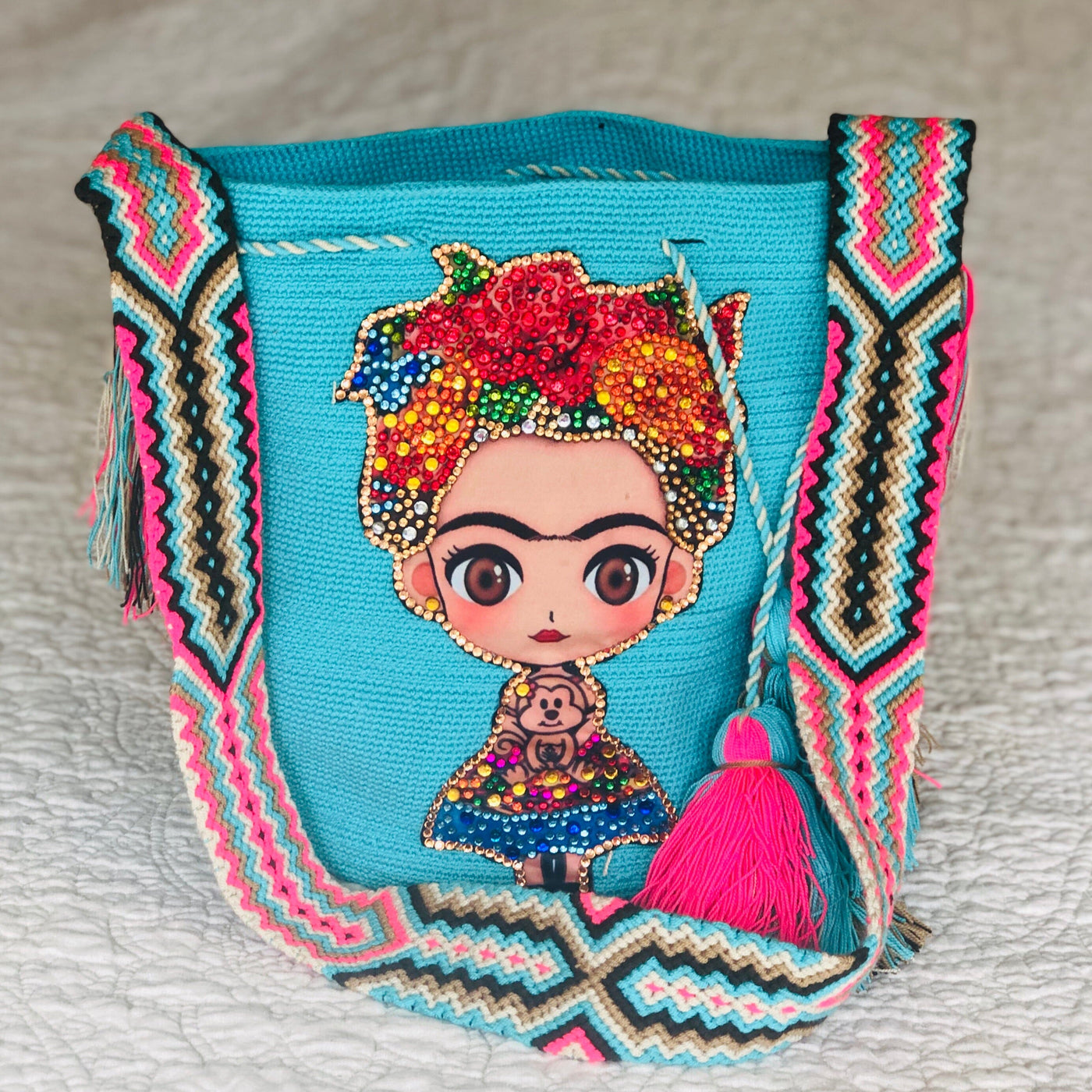 Frida Tribute - Rhinestone Embellished Crochet Bags Special Edition Crochet Boho Bag - Crossbody/Shoulder Bucket Bag Aqua/Turquoise 