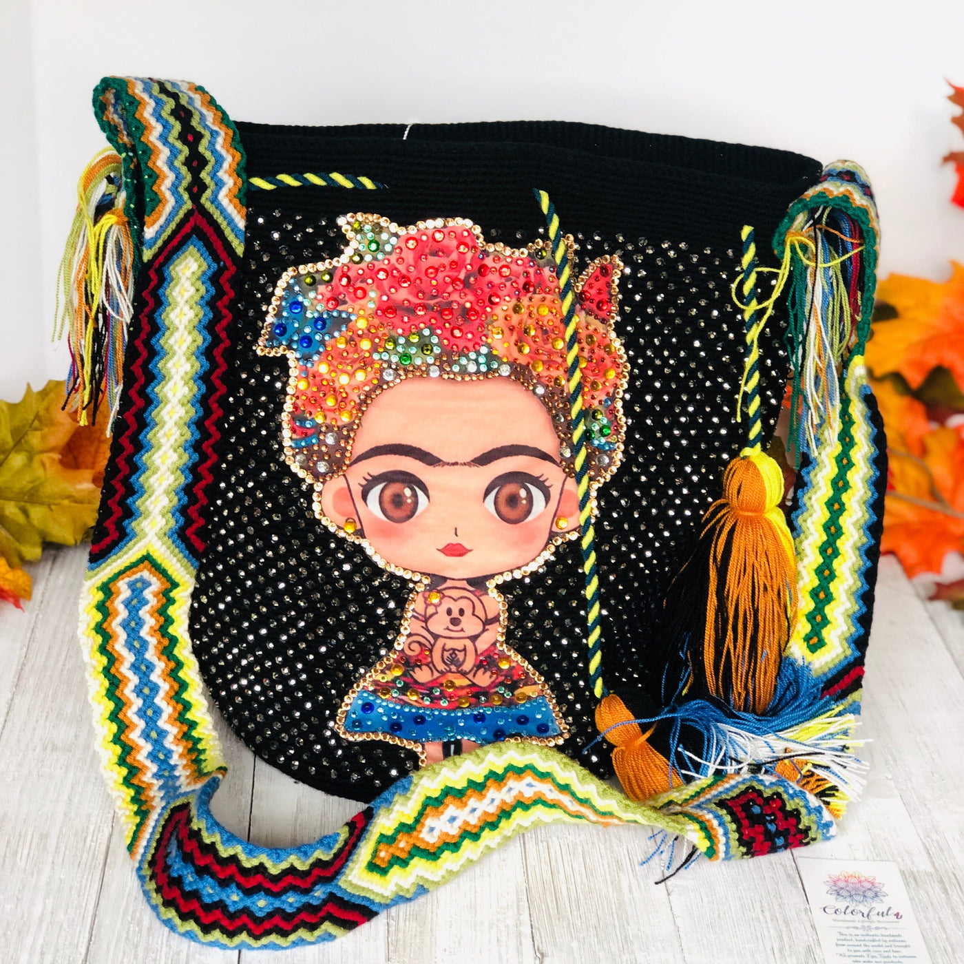 Frida Tribute - Rhinestone Embellished Crochet Bags Special Edition Crochet Boho Bag - Crossbody/Shoulder Bucket Bag Black- Full Crystals 