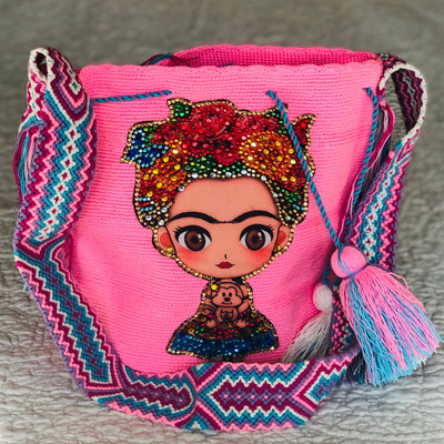 Frida Tribute - Rhinestone Embellished Crochet Bags Special Edition Crochet Boho Bag - Crossbody/Shoulder Bucket Bag Pink 
