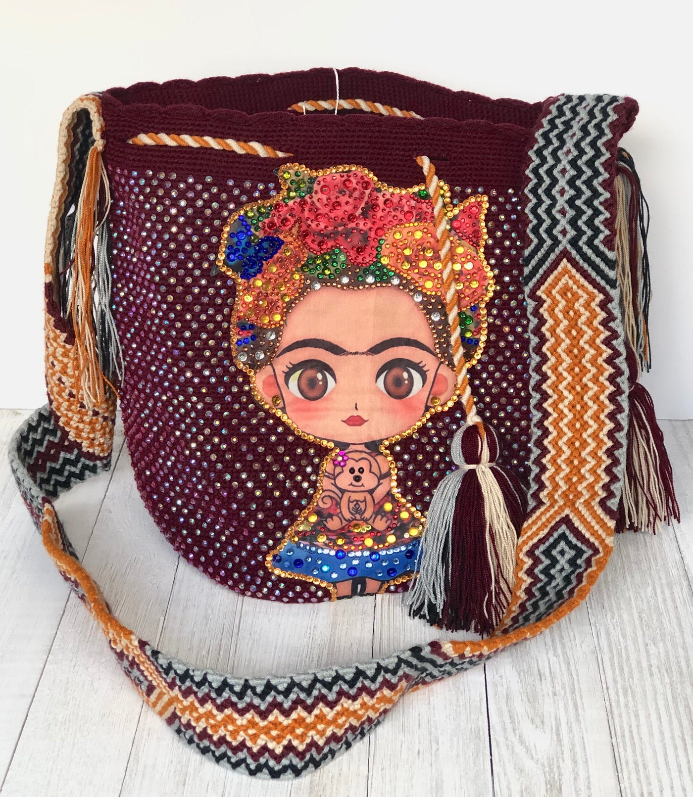 Frida Tribute - Rhinestone Embellished Crochet Bags Special Edition Crochet Boho Bag - Crossbody/Shoulder Bucket Bag Wine-Full 