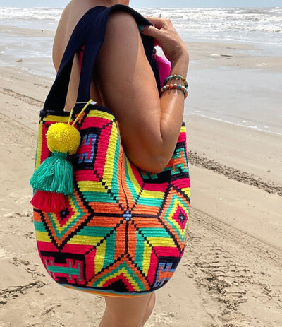 Wearing a Yellow Tote Beach bag on the beach