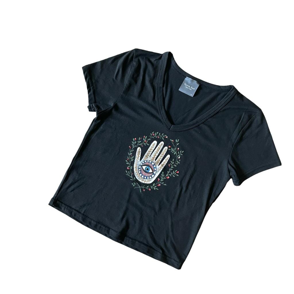 Hamsa Hand Protection Boho T Shirt | Hand-Painted Bohemian Tee Clothing 