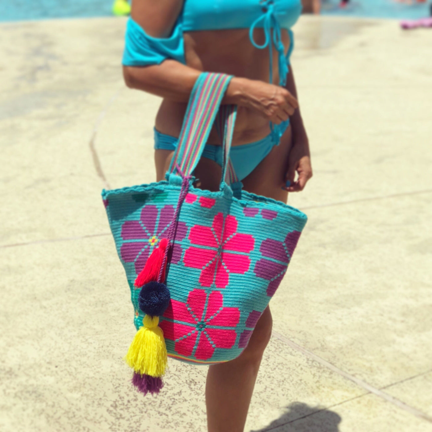 Teal-Pink Summer Tote Bag | Beach Tote Bag for summer | Crochet Tote Bag | Colorful 4u