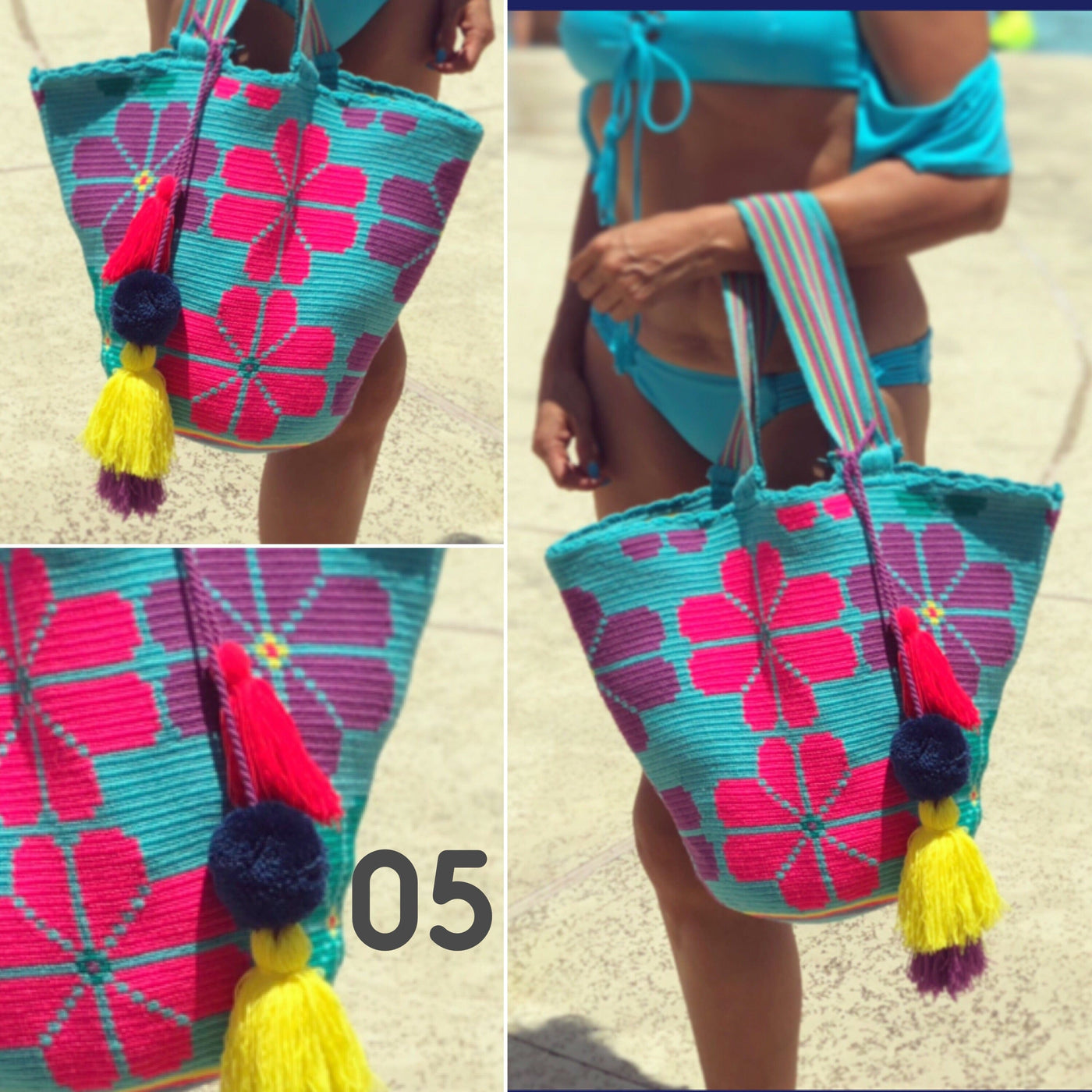 Teal-flowers Summer Tote Bag | Beach Tote Bag for summer | Crochet Tote Bag | Colorful 4u