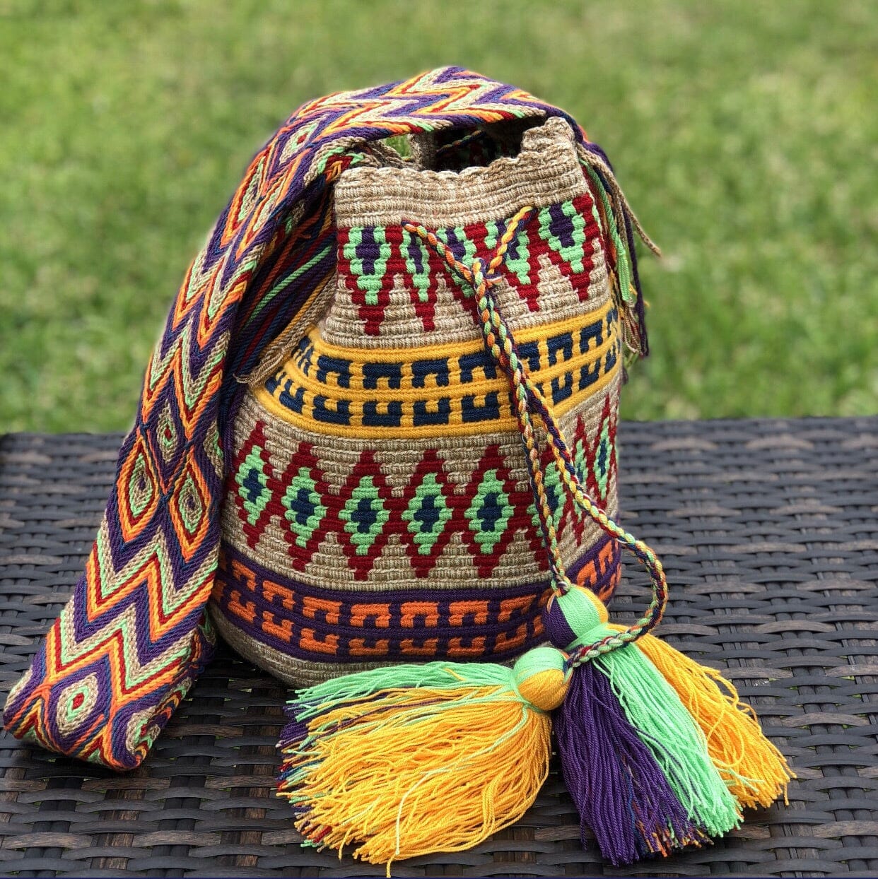 Ibiza Style Crochet Bags - Crossbody Beach Bags Shaded Crochet Boho Bag - Crossbody/Shoulder Bucket Bag 63-Wine/Yellow 