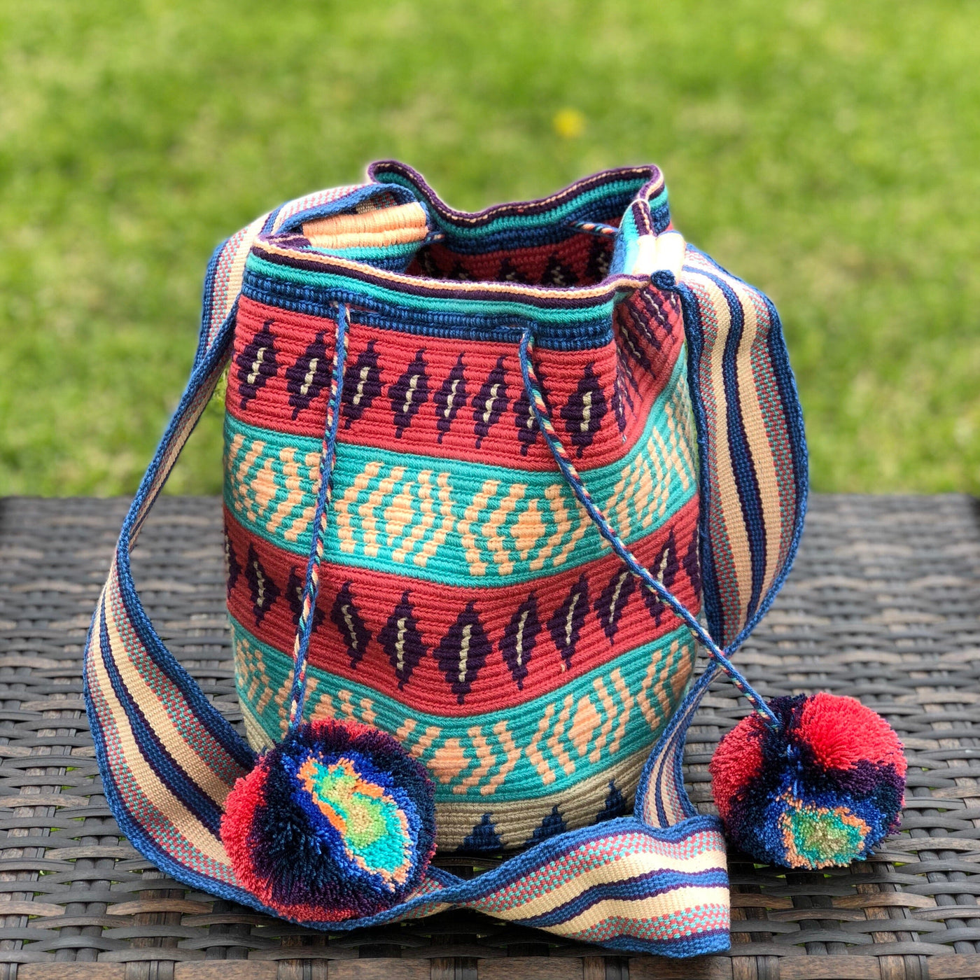 Turquoise Coral Crochet Bag | Spring Colors Crossbody Bag with pompoms | Bohemian Handbag | Colorful 4U