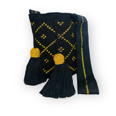 Limited Edition Handbags | Medium Silk Crochet Bags Medium-Crossbody Crochet Boho Bag - Traditional Wayuu Design Black / Gold 