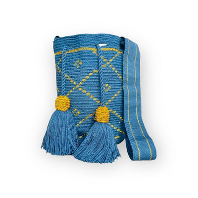 Limited Edition Handbags | Medium Silk Crochet Bags Medium-Crossbody Crochet Boho Bag - Traditional Wayuu Design Blue / Gold 
