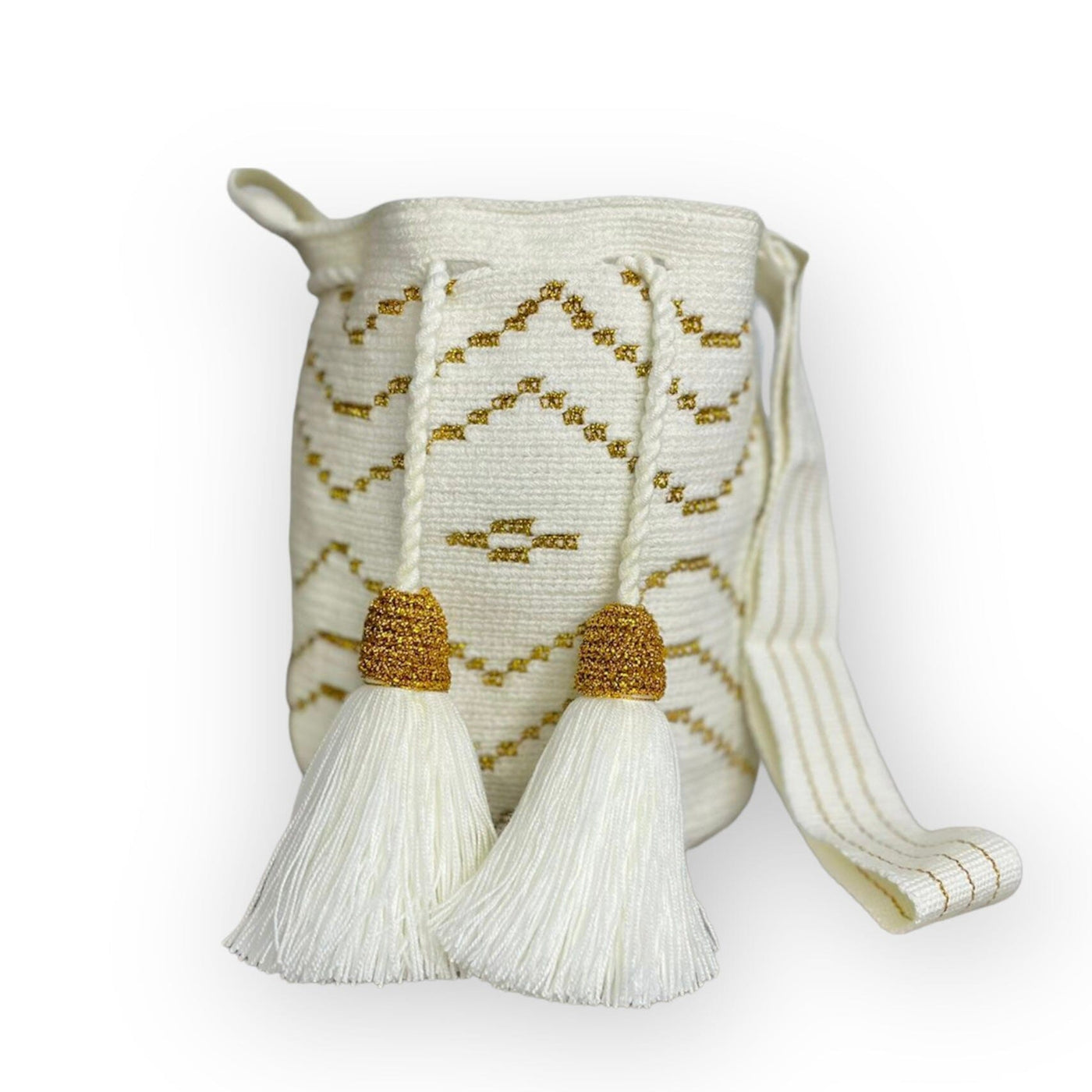 Limited Edition Handbags | Medium Silk Crochet Bags Medium-Crossbody Crochet Boho Bag - Traditional Wayuu Design Off-White / Gold Chevron 