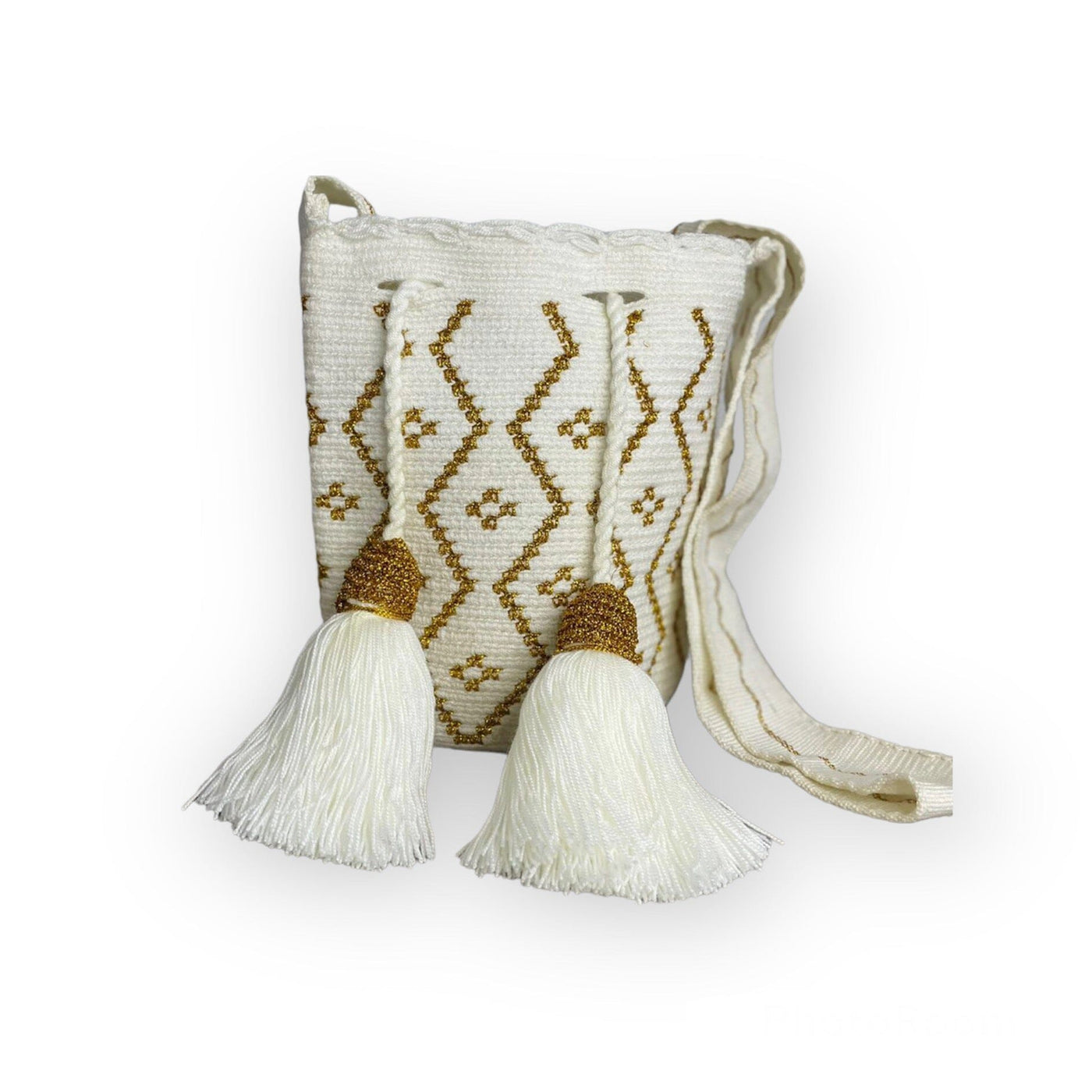Limited Edition Handbags | Medium Silk Crochet Bags Medium-Crossbody Crochet Boho Bag - Traditional Wayuu Design Off-White / Gold Garden 