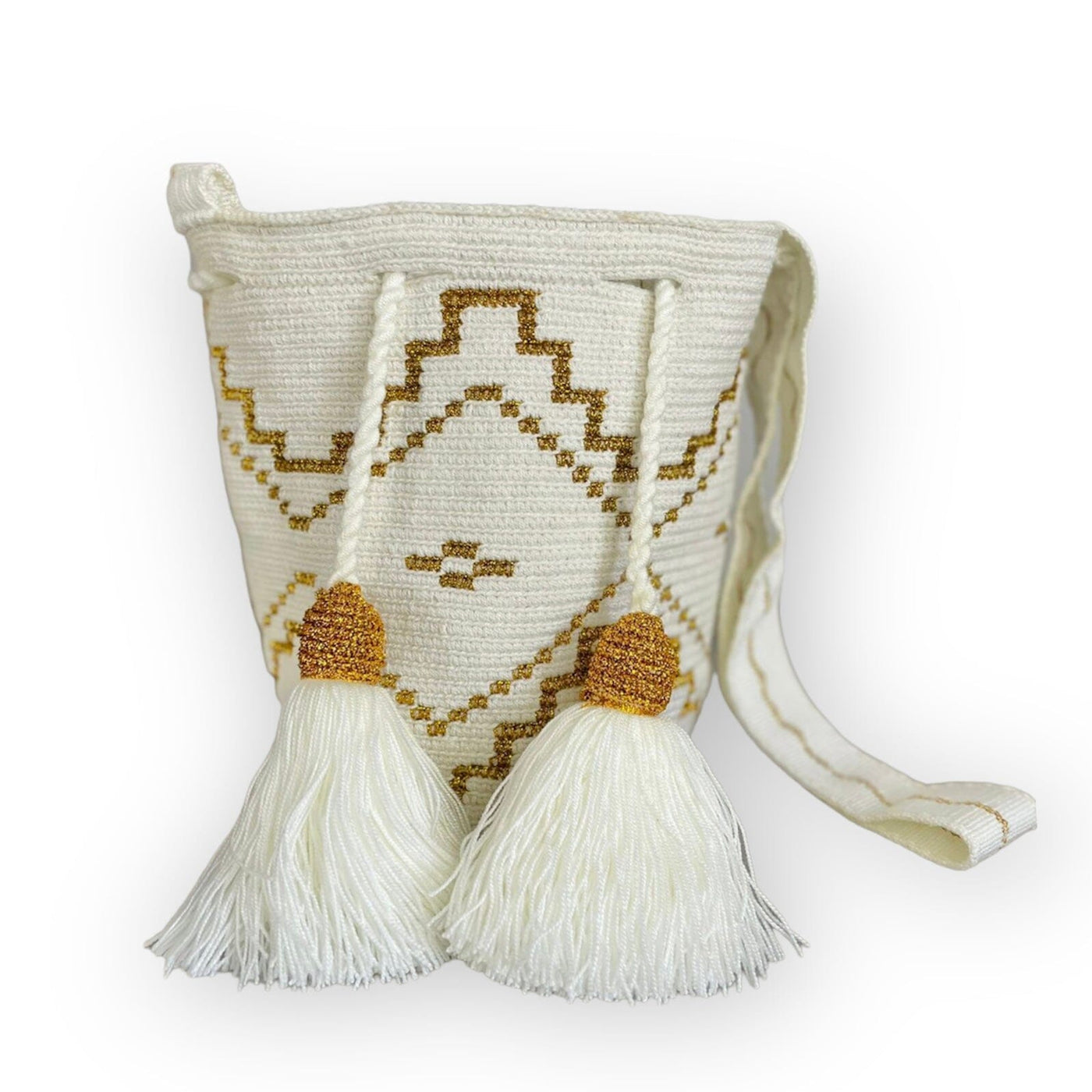 Limited Edition Handbags | Medium Silk Crochet Bags Medium-Crossbody Crochet Boho Bag - Traditional Wayuu Design Off-White / Gold Stairs 