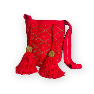 Limited Edition Handbags | Medium Silk Crochet Bags Medium-Crossbody Crochet Boho Bag - Traditional Wayuu Design Scarlet Red / Gold 